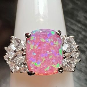 925 Sterling Silver Pink Fire Opal & CZ Ring Size 10